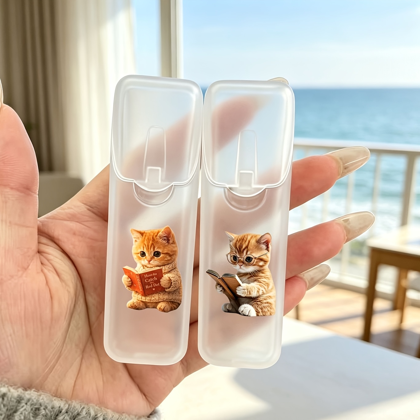 TEMU Cute Cat Reading Pattern Portable Travel Storage Box, Toothpick, Floss And Daily Organization Storage Box, Travel Storage Box, Mini Storage Box,