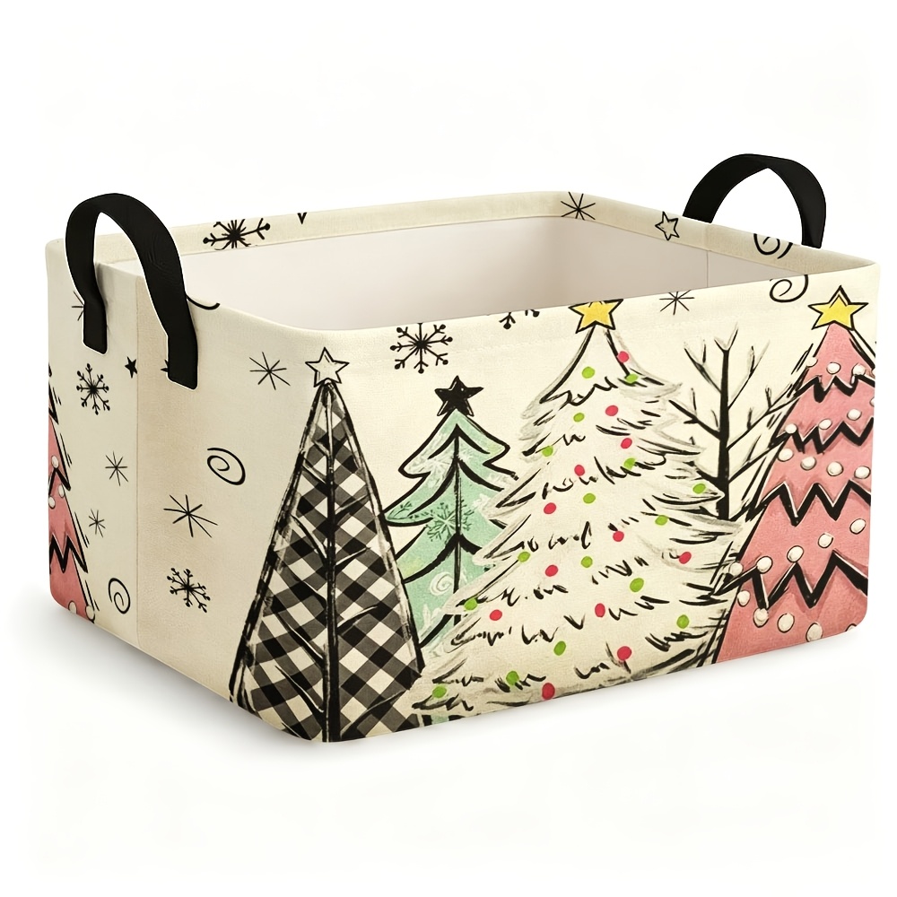 TEMU 1pc Open Storage Bins Christmas Tree Print Storage Baskets, Beige Background Pink Green Black Xmas Trees Snowflakes Cute Hand Drawn Pattern