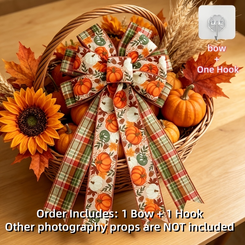 TEMU Pumpkin Wired Edge Decor Bow With Adhesive Hook Set, Ideal For Thanksgiving Wall Decor, Door Hanging, Gift Wrapping, Party Chair Back & Wreath