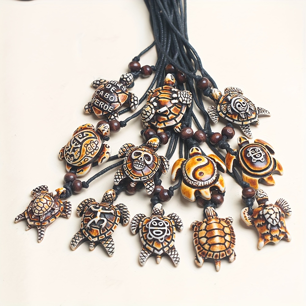 Image of 12pcs Vintage Adjustable Resin Turtle Pendant Necklaces For Men - Versatile Casual Accessories, Perfect For Daily Wear & Vacation