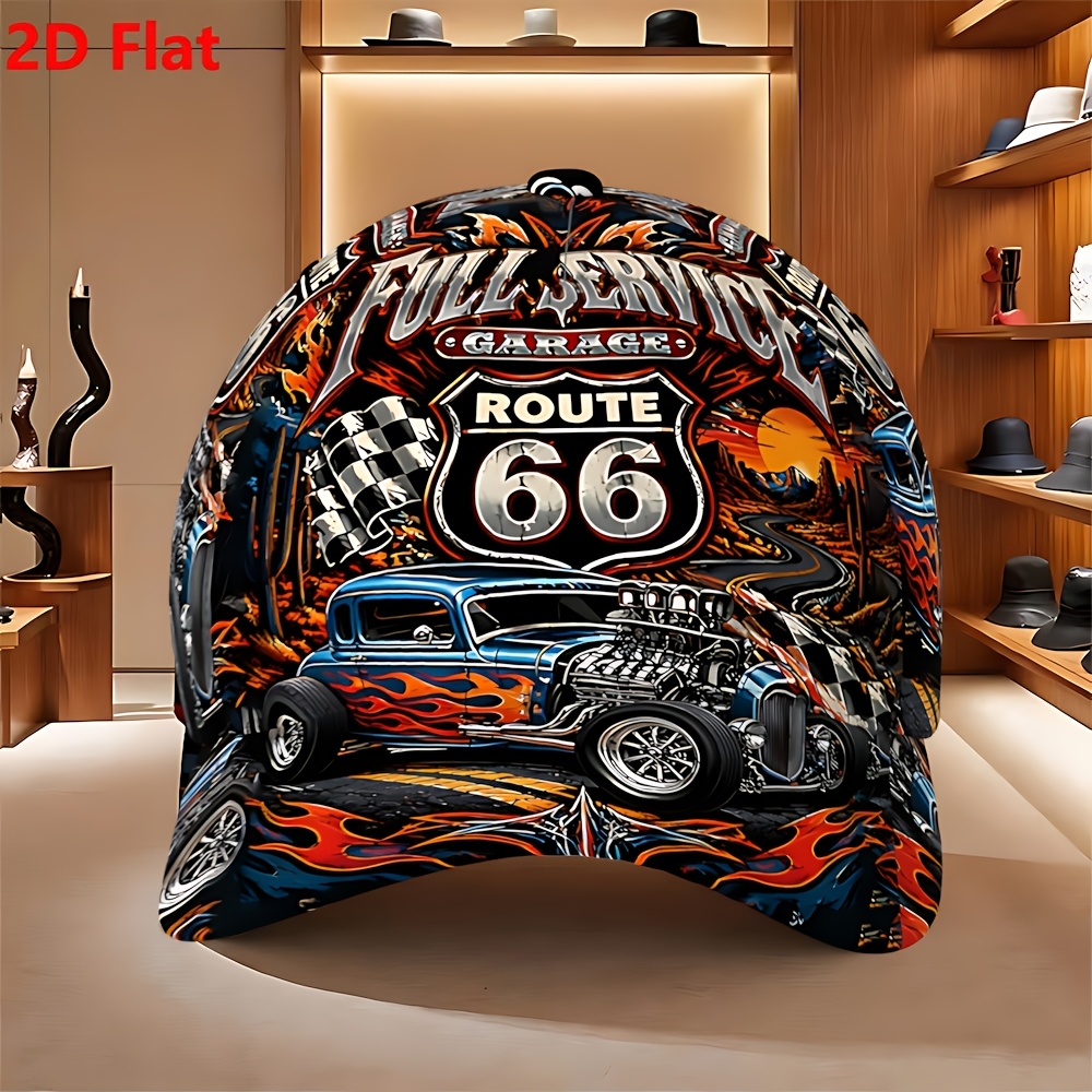 TEMU 2d Flat, Route 66 Hot Rod Flame Checkered Desert Sports Baseball , 2d Flat Graphic Print, Design With Route 66 Sign Garage Text Rod Big Tire
