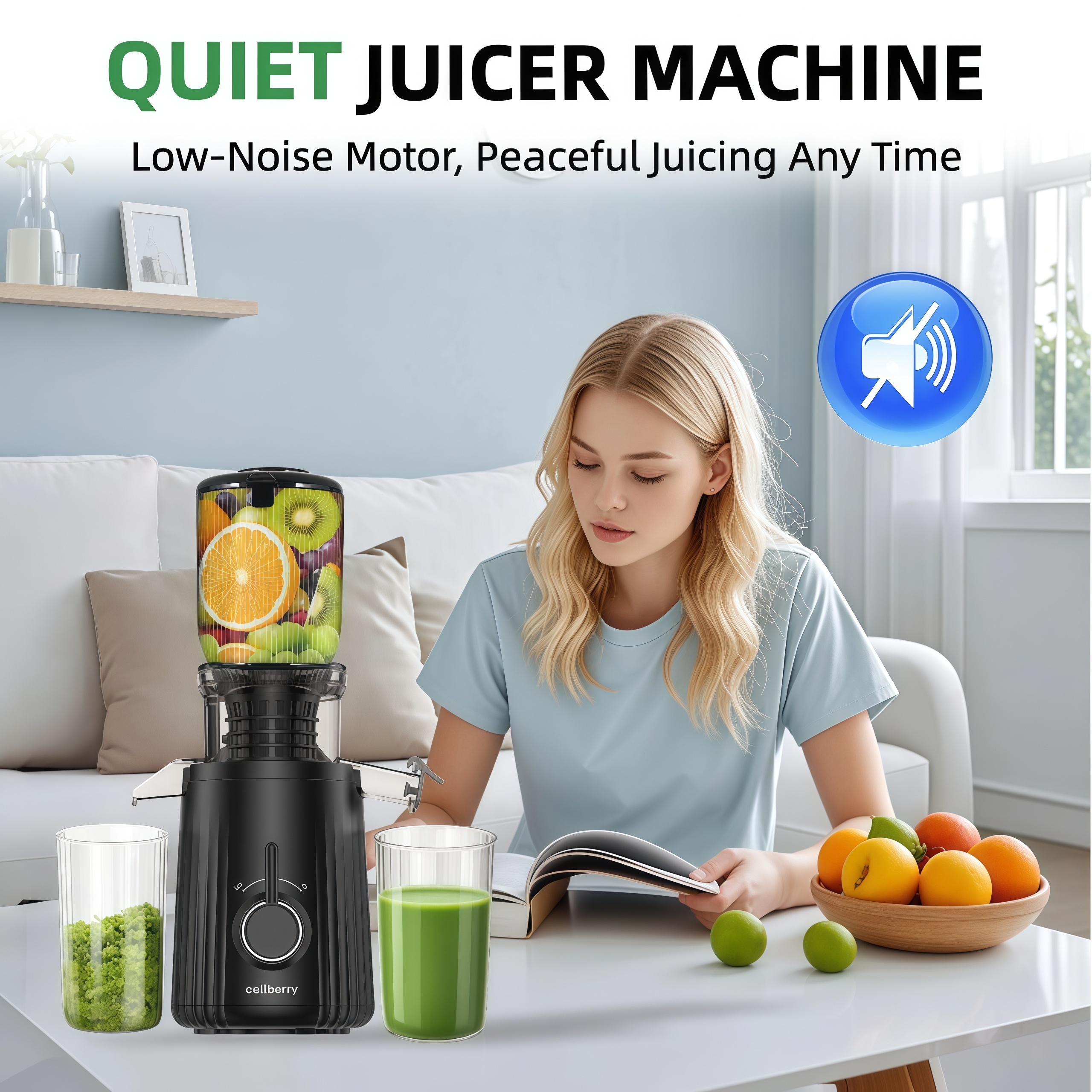 Celiberry Slow-Speed Masticating Juicer with 4.25-Inch Wide Feed Chute, Quiet Operation, Easy to Clean, Multiple Colors Available