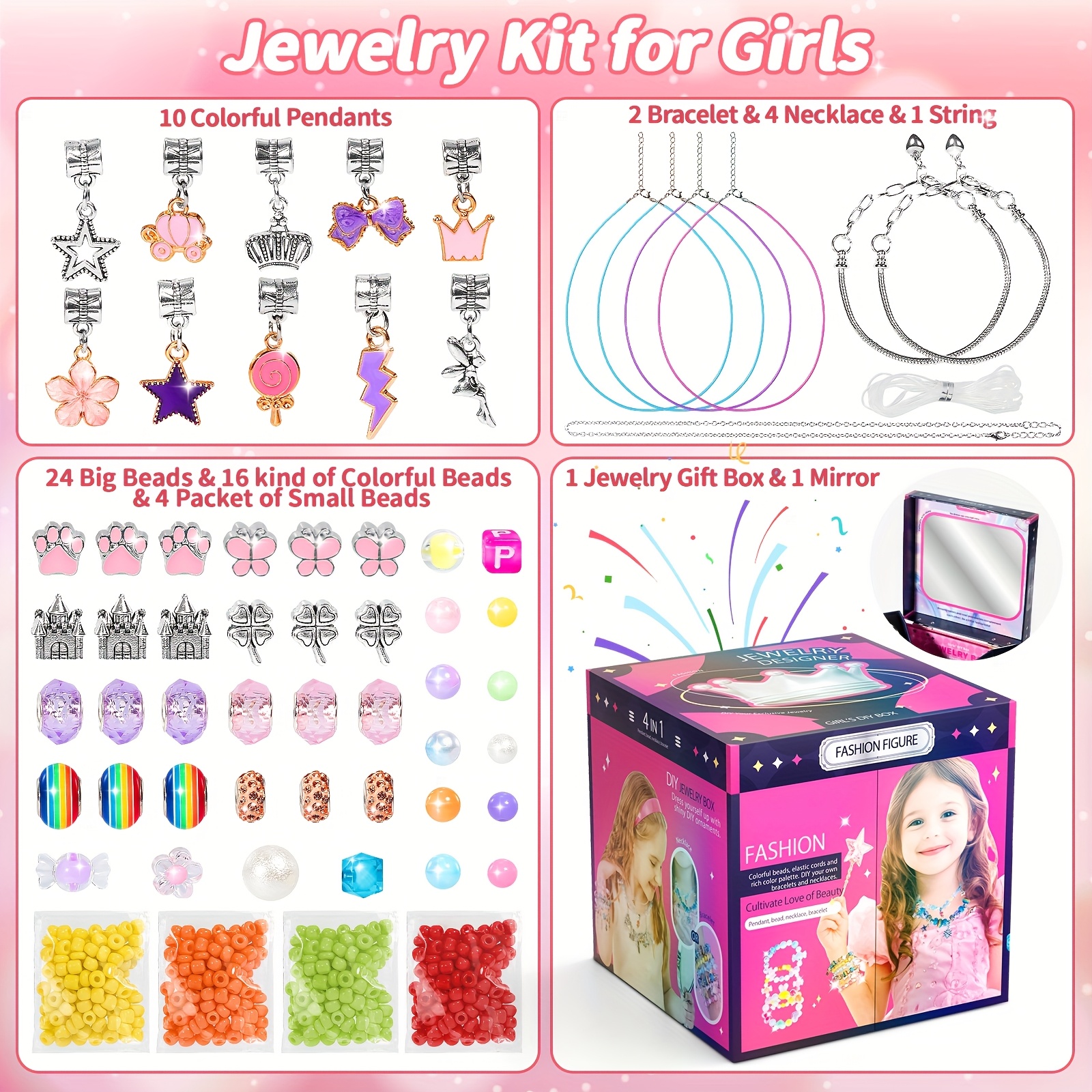 TEMU Kit de Bijoux DIY avec Boîte Bleue/Rose, Ensemble Princesse Incluant , Pendentifs, Bracelets et – Cadeaux pour Filles Anniversaire Noël