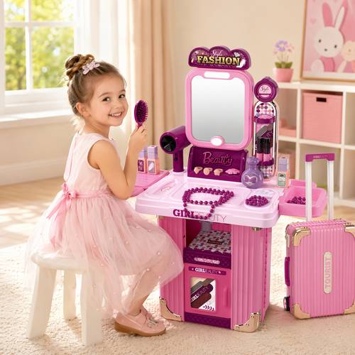 Mesa de tocador de juguete para niños, maleta de maquillaje portátil con espejo y accesorios de belleza, salón de peluquería y disfraces de juego de simulación para niñas de 3 años en