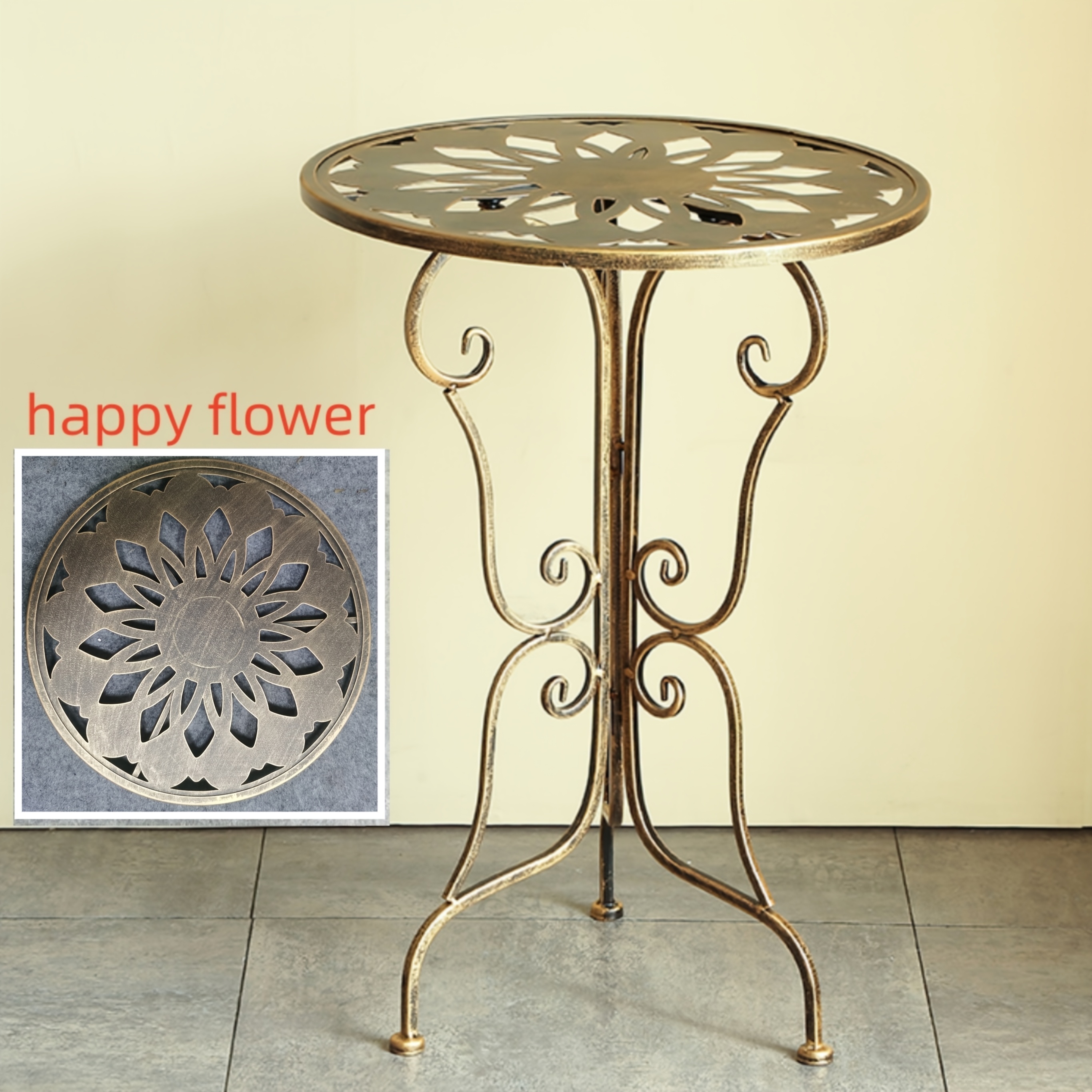 1 kos Vintage kovinski končni stol, 40 cm premer - Elegantno prenosno okroglo stransko mizo z okrasnim zvitkom, idealno za dnevno , balkon ali