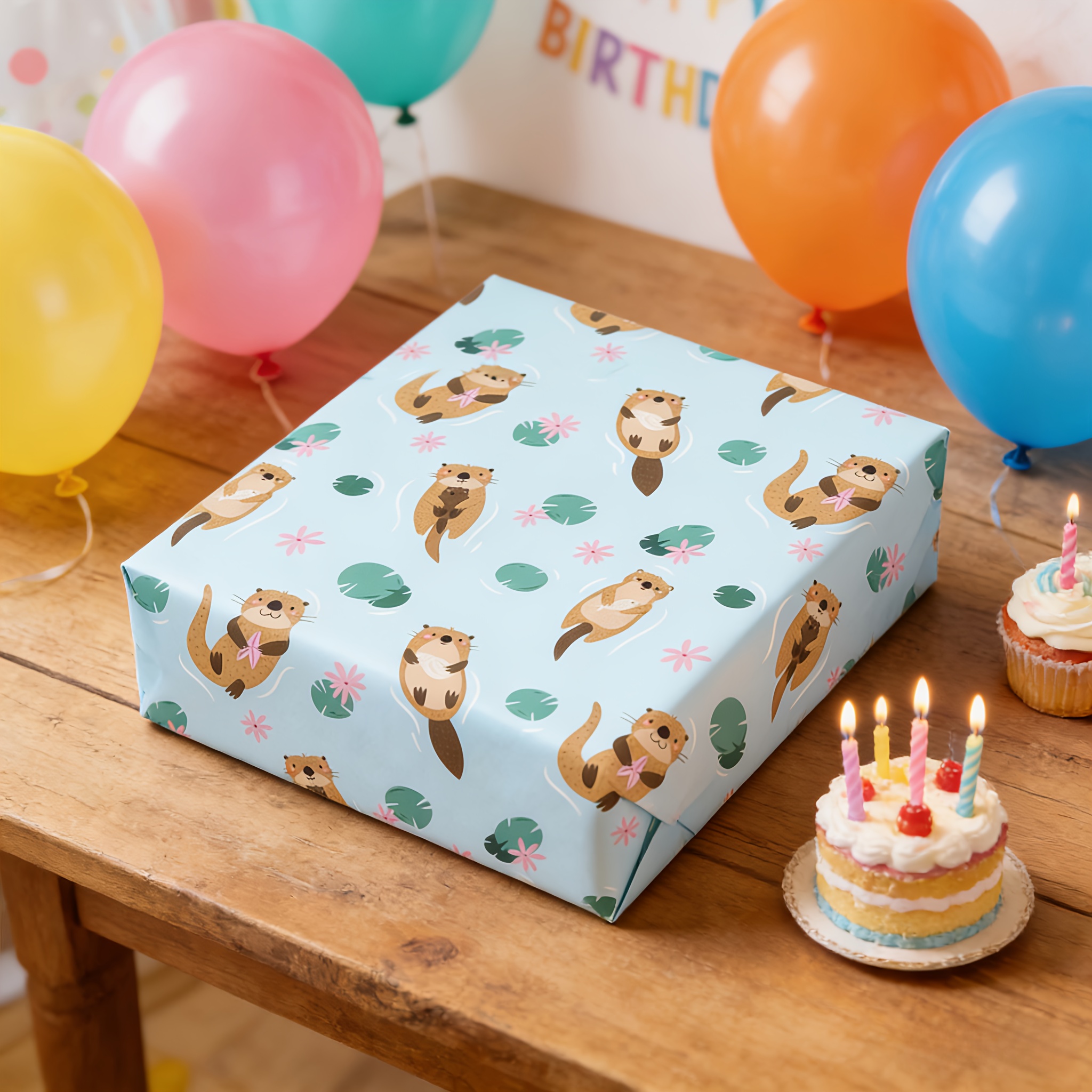 Image of 1 Roll Of 118.11" X 16.93" Cute Otter Gift Wrapping Paper, Fresh And Simple Cartoon Animal Wrapping Paper, Birthday And Holiday Gift Box Decorative Paper
