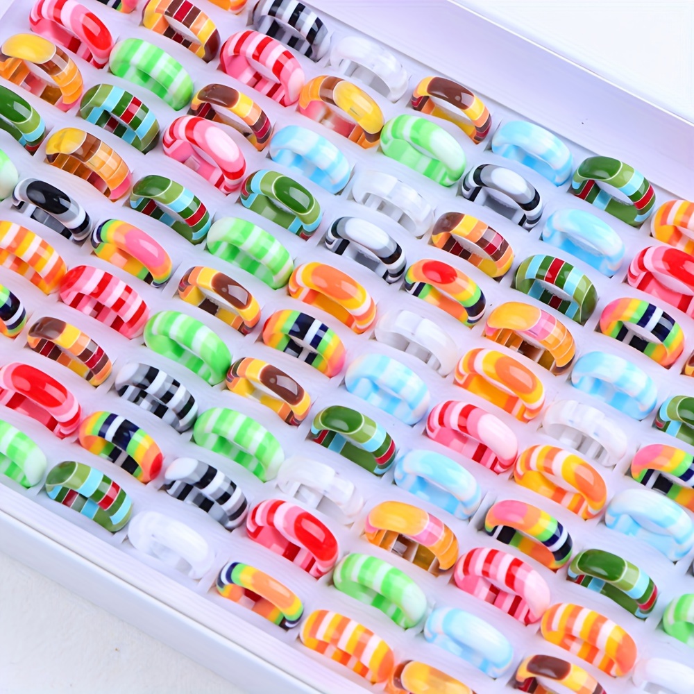 

Chic Cartoon-inspired Resin Rings - 10/20 Piece, Colorful Striped Designs For Women & Girls, Perfect For Daily Wear & Parties