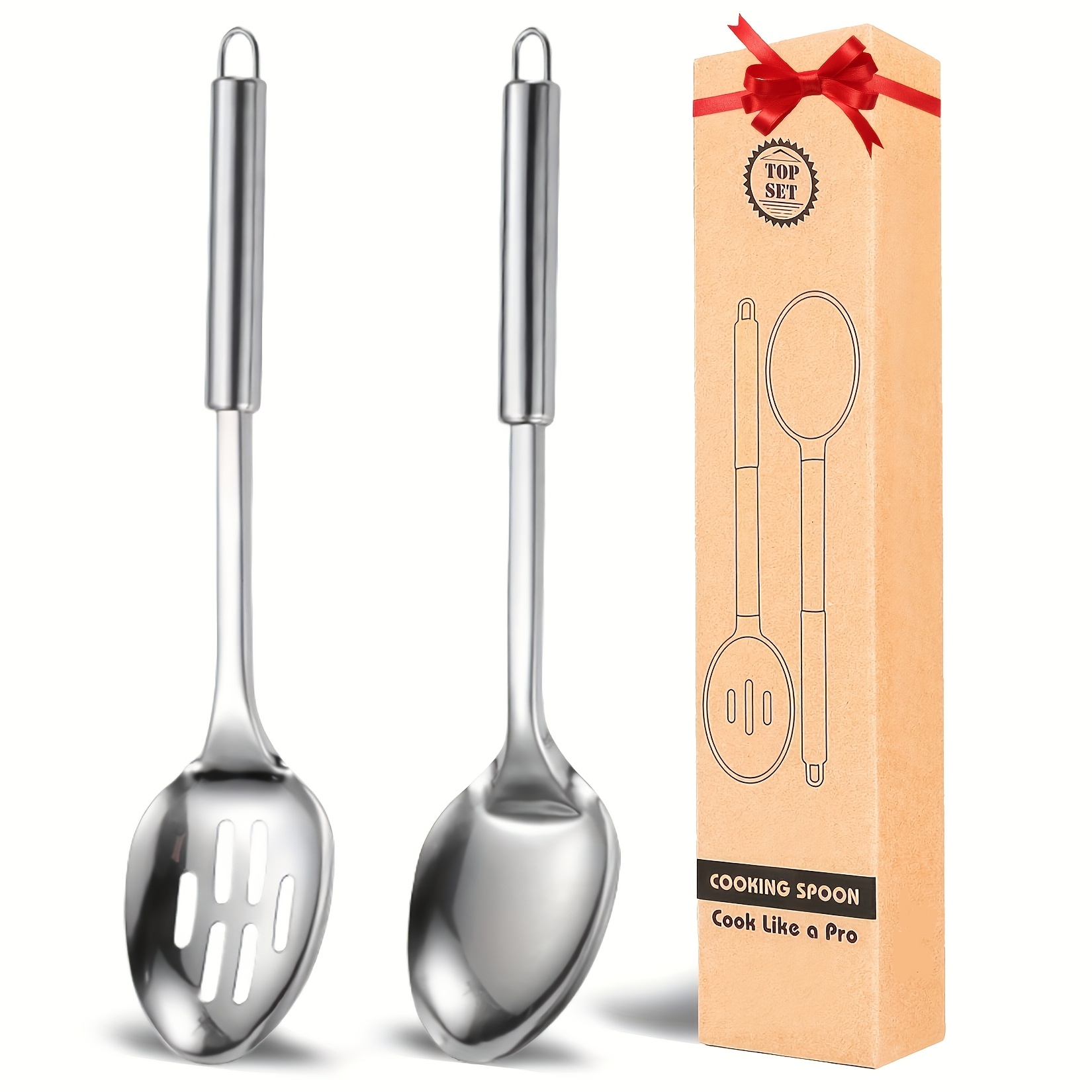 TEMU Set Of 2 Stainless Steel Cooking Spoons, Including A Serving Spoon And A Slotted Spoon, Featuring Heat-resistant Handles, Dishwasher Safe, And