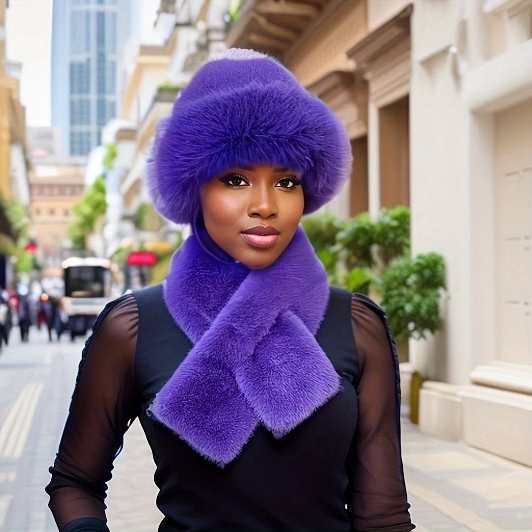 TEMU Set 1 Winter Scarf Mongolian Hat Plush Hat Women's Thick Ear-warming Chinchilla Windproof