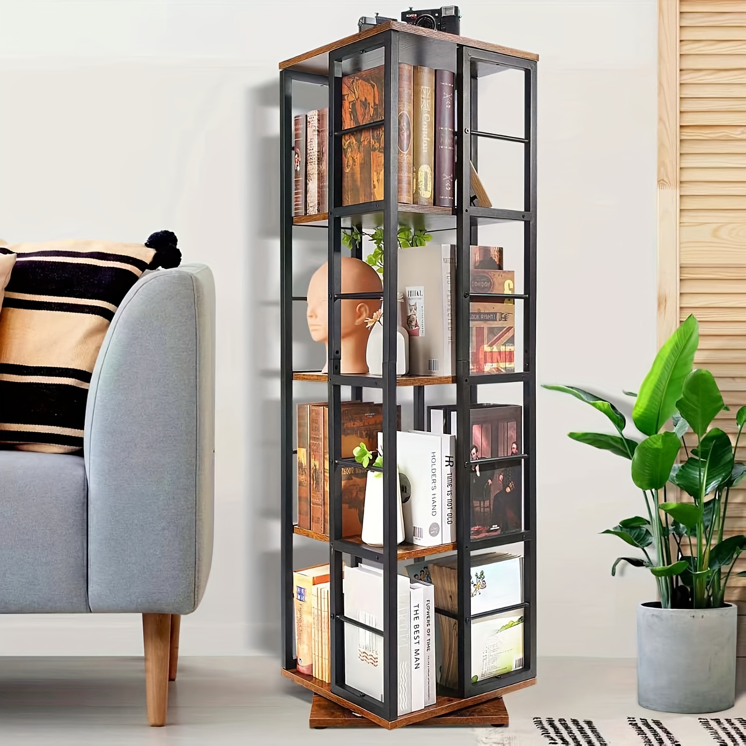 A Black, Wooden, Rotating Bookcase With 5 Tiers, Suitable For The Bedroom Or Living Room, Designed As A Freestanding Shelving Unit That Can Rotate 360°