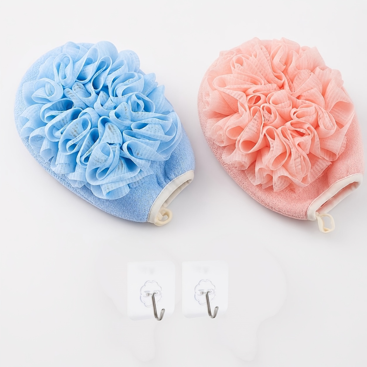 2pcs Bath Flower Glove + Combo Set, , Pink For Women, Double-sided Scrubbing And Lathering Practical Bathroom Set