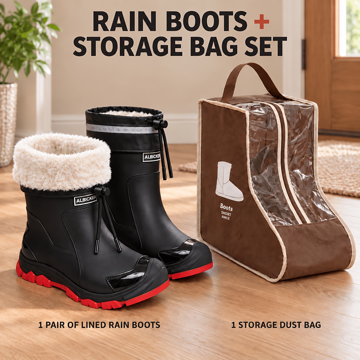 TEMU Mid-calf Waterproof Rain Boots With Removable Fleece Lining, Anti-slip Outdoor Winter Snow Boots