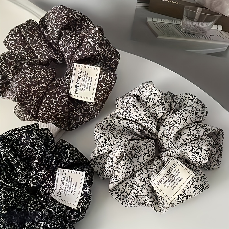TEMU 3pcs Black & White Floral Scrunchie Hair Ties Suitable For Women - Lightweight Breathable Fabric Hair Bands With Durable Stitching, Retro
