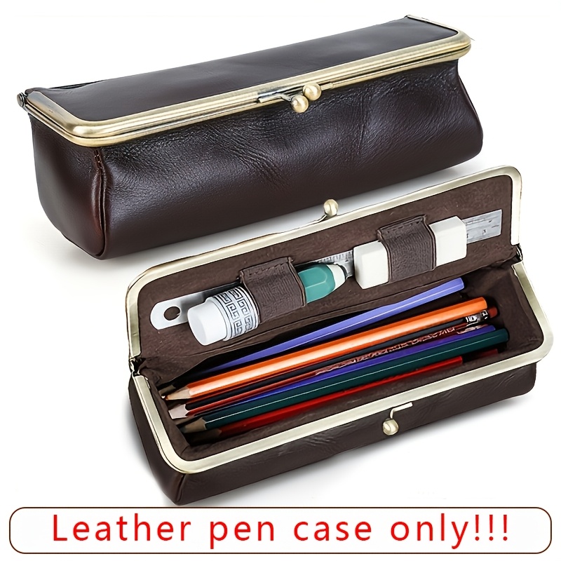 Image of Large-capacity Pencil Case Made Of Top-grain Cowhide Dermis - An Essential For Students And Office Workers, Portable Genuine Dermis Storage Box, Suitable For Ballpoint Pens And Fountain Pens