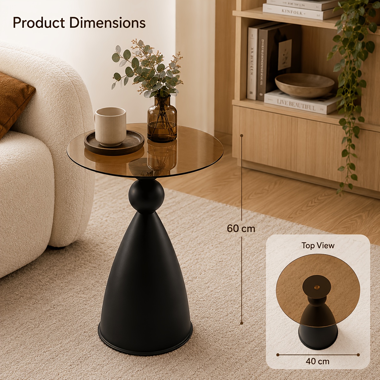 Image of Vintage Style Round Decorative Side Table, With Tea-colored Glass Top Or Wood Grain Top, Black Column Base, Suitable For Living Room, Bedroom, And Reading Corner