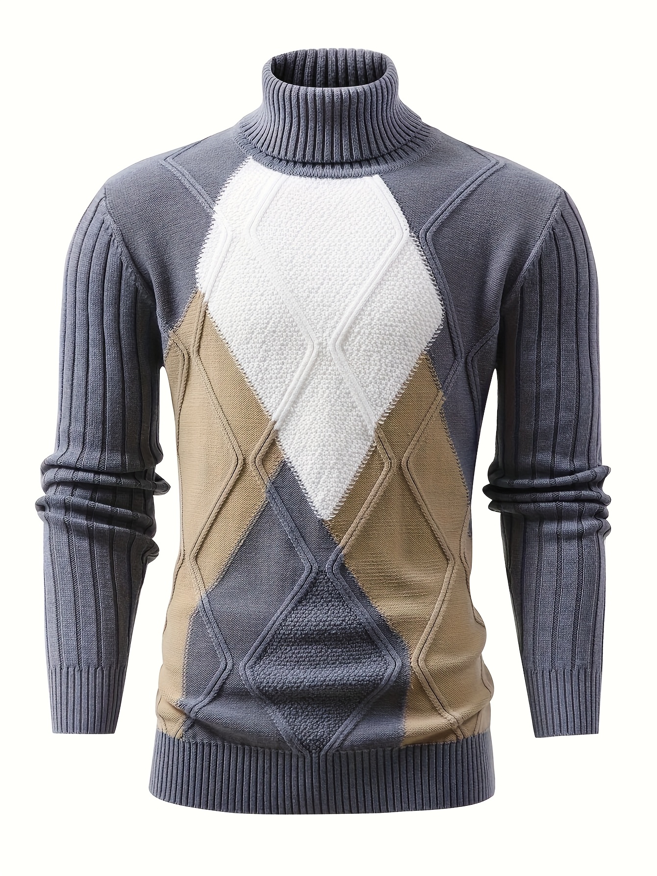 Men'S New Color-Blocked High-Neck Long-Sleeve Retro College-Style Knitted Base Layer for Casual Autumn And Winter - Image 3