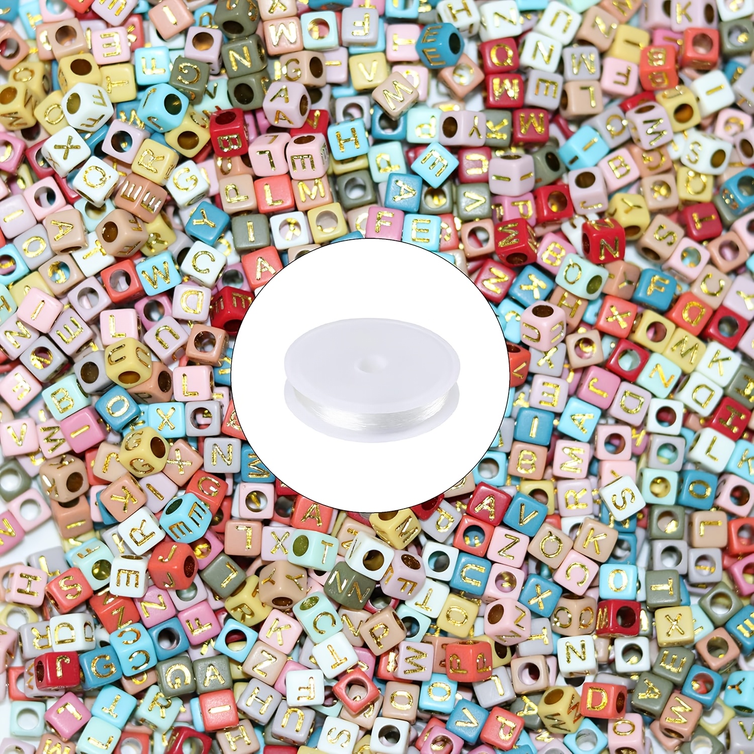 TEMU Letter Beads, 350pcs Alphabet Bead, Square Letter Beads With 1 Roll 10m Crystal String Cord (6mm)