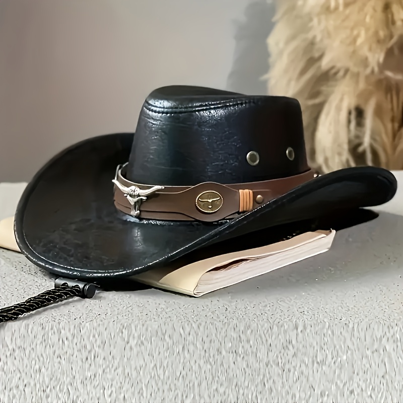 

Genuine Leather Cowboy Hat For Men And Women, Vintage Western Style, Riding Jazz Cap, Cool And , Hand Wash, Non-stretch, Knitted, For Christmas, Halloween, Thanksgiving - 100% Leather/pu