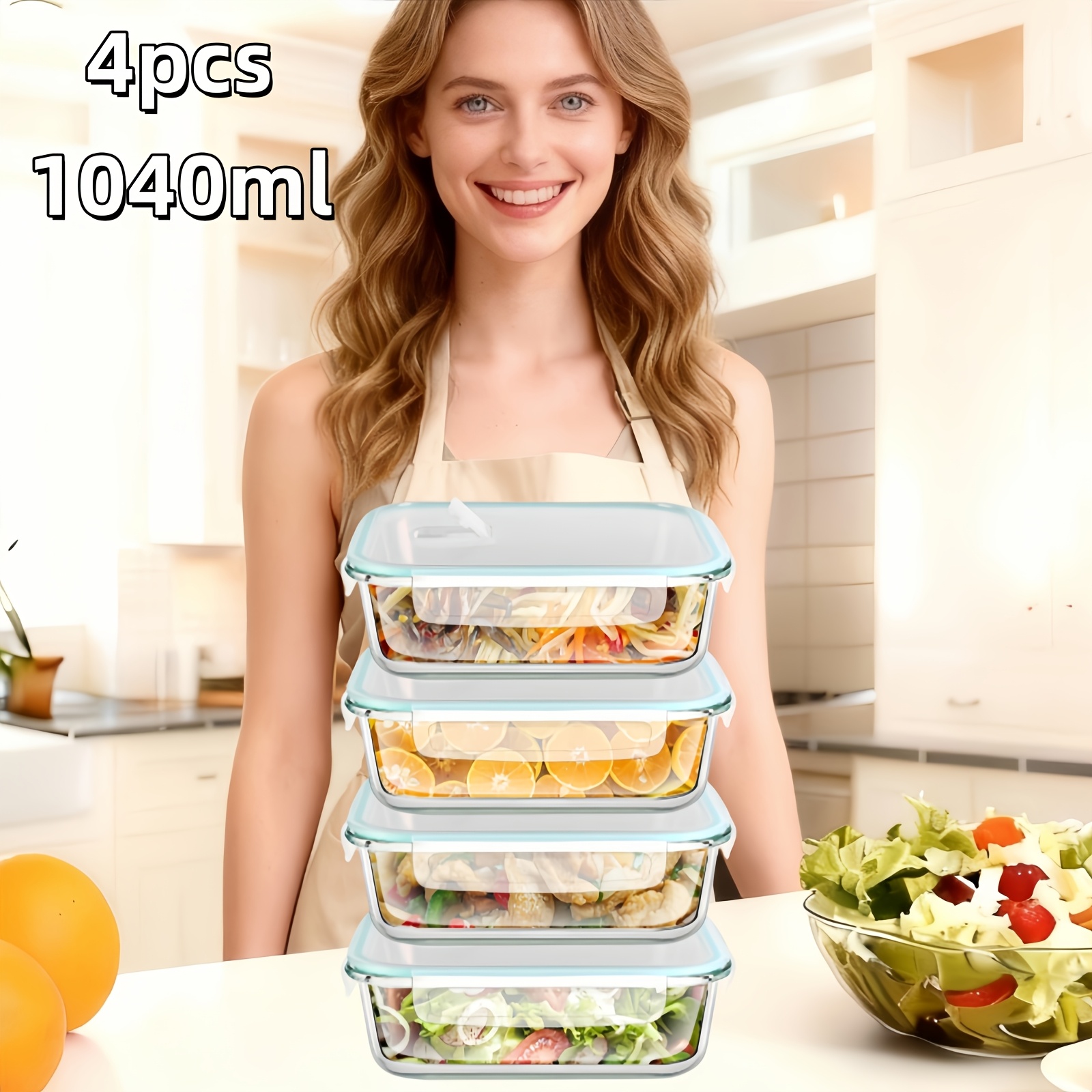 Saeiv 4/8pcs Glass Food Storage Containers With Lids, 1040ml Capacity, Ideal For Microwave, Refrigerator, And Dishwasher Use