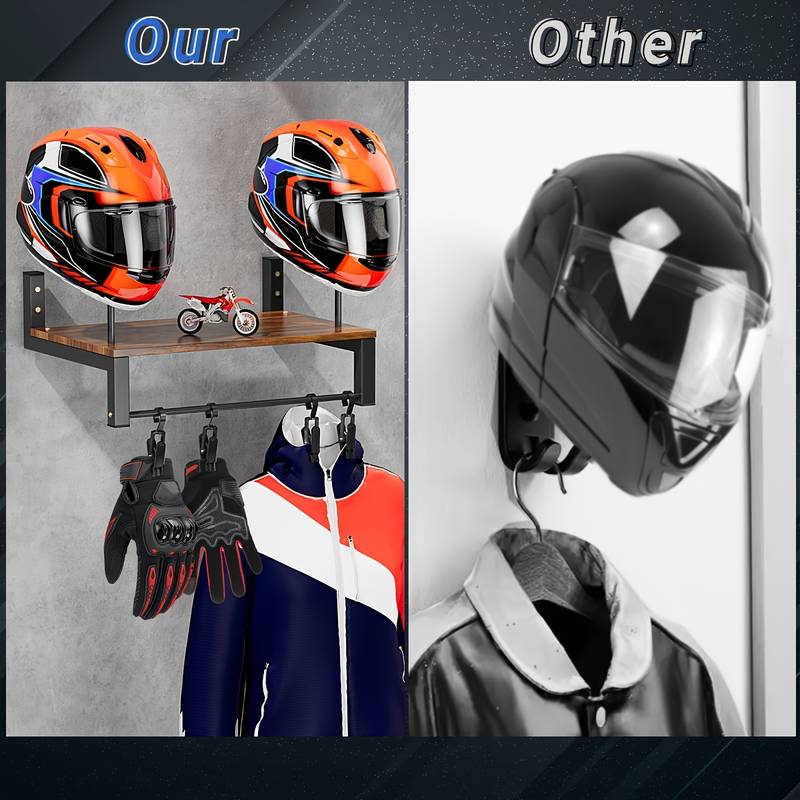Support Mural 3 En 1 Pour Casque Moto – Avec étagères Et Crochets – Rangement équipement Moto, Vestiaire