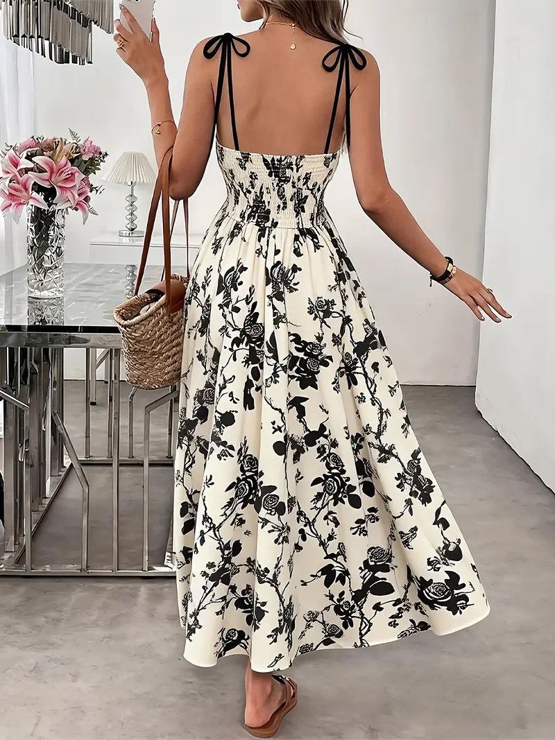 elegant print suspender dress Suspender Floral Print Off Shoulder Midi Dress