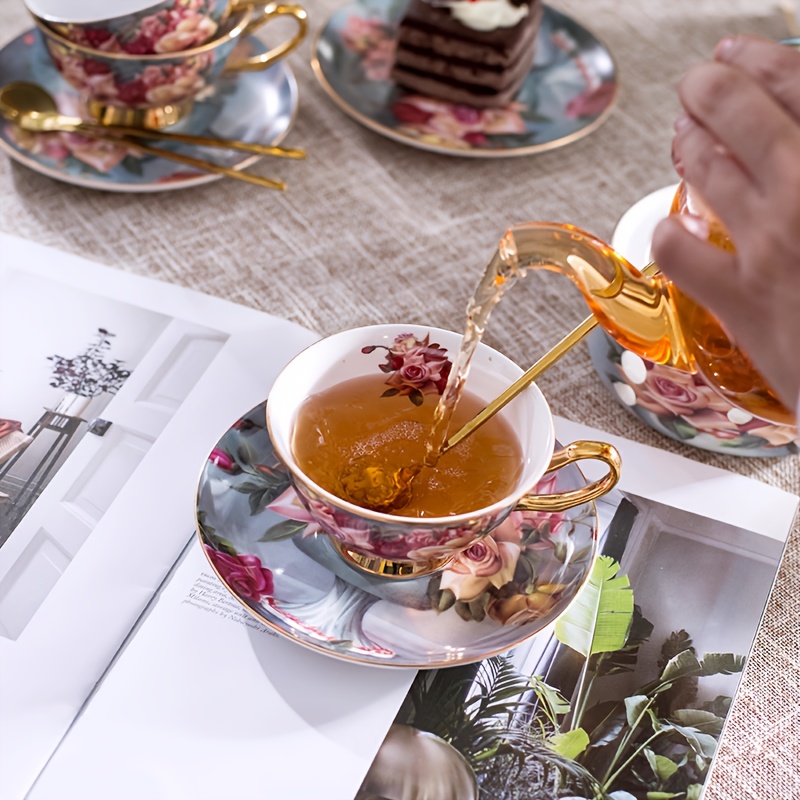 6pcs elegant floral ceramic coffee cup and saucer set with 2 dishes 2 cups and 2 spoons ideal for afternoon tea perfect gift for friends and lovers hand wash only round shape suitable for coffee shops and dessert shops coffee bar accessories Product details 3