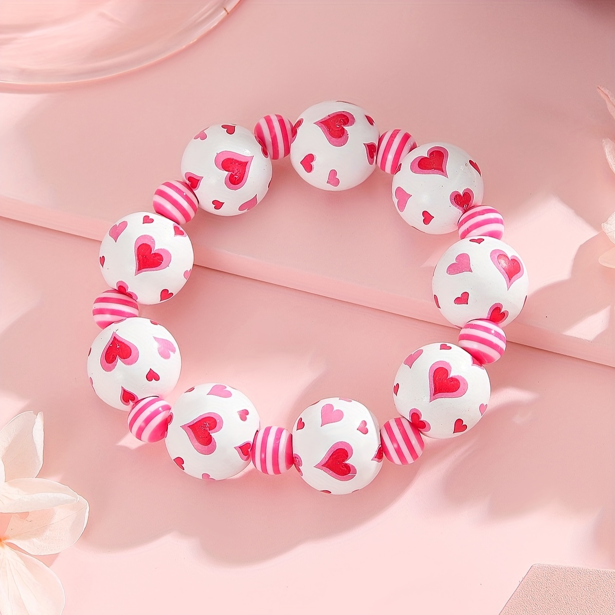 Valentine's Heart Shaped Beaded Elastic Bracelet for Women