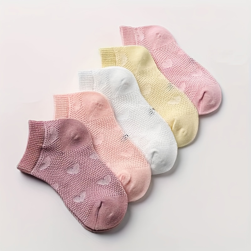 Image of 5-pack Girls' Ankle Socks With Heart Patterns & Net Toe - Breathable Summer Boat Socks Suitable For 12 & Under, Spring/summer Casual Wear (hand Wash Only)