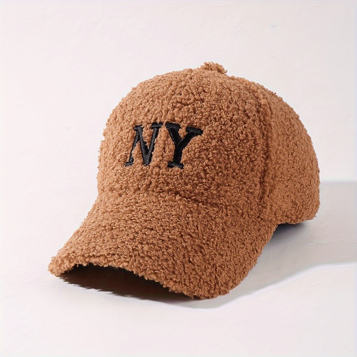 

1pc Cozy Nyc Fleece Baseball Cap, Adjustable, Warm Solid Brown With Hook-and-loop Closure For Winter