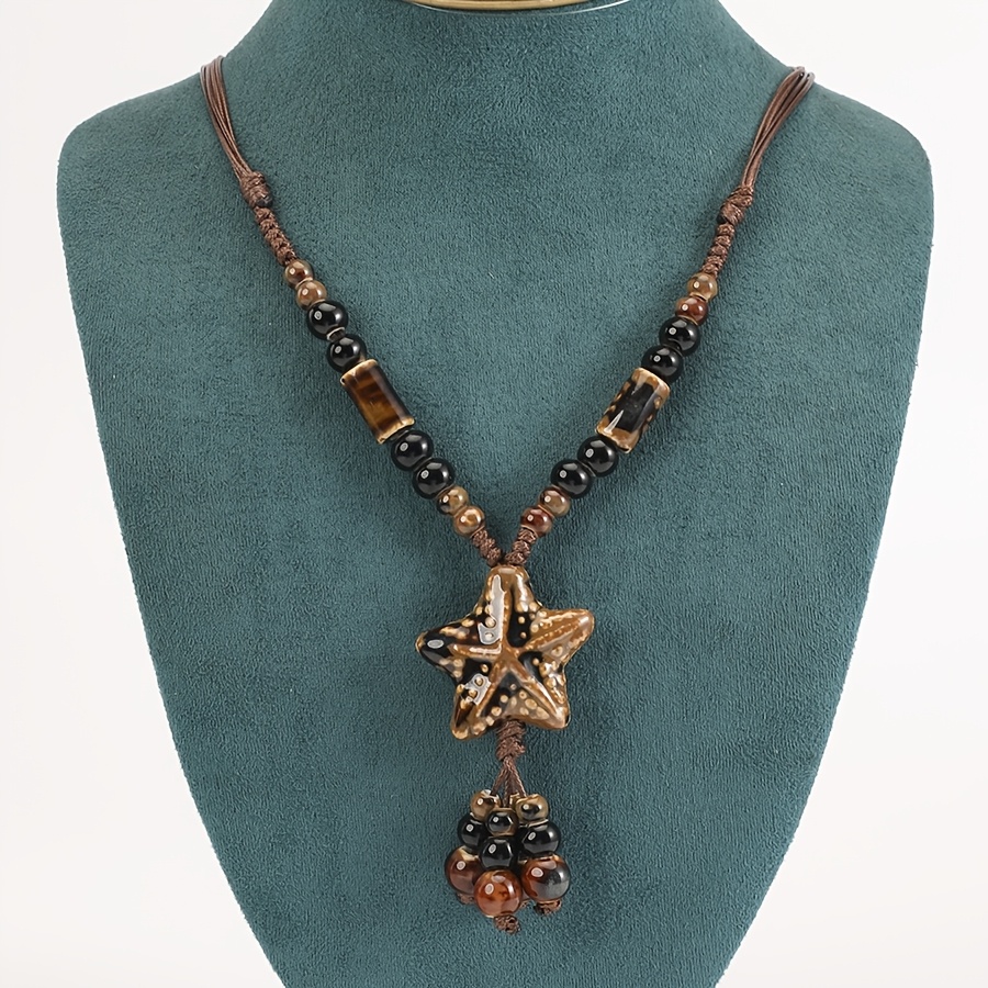 Boho Starfish Necklace with Brown Cord & Tassel Charms