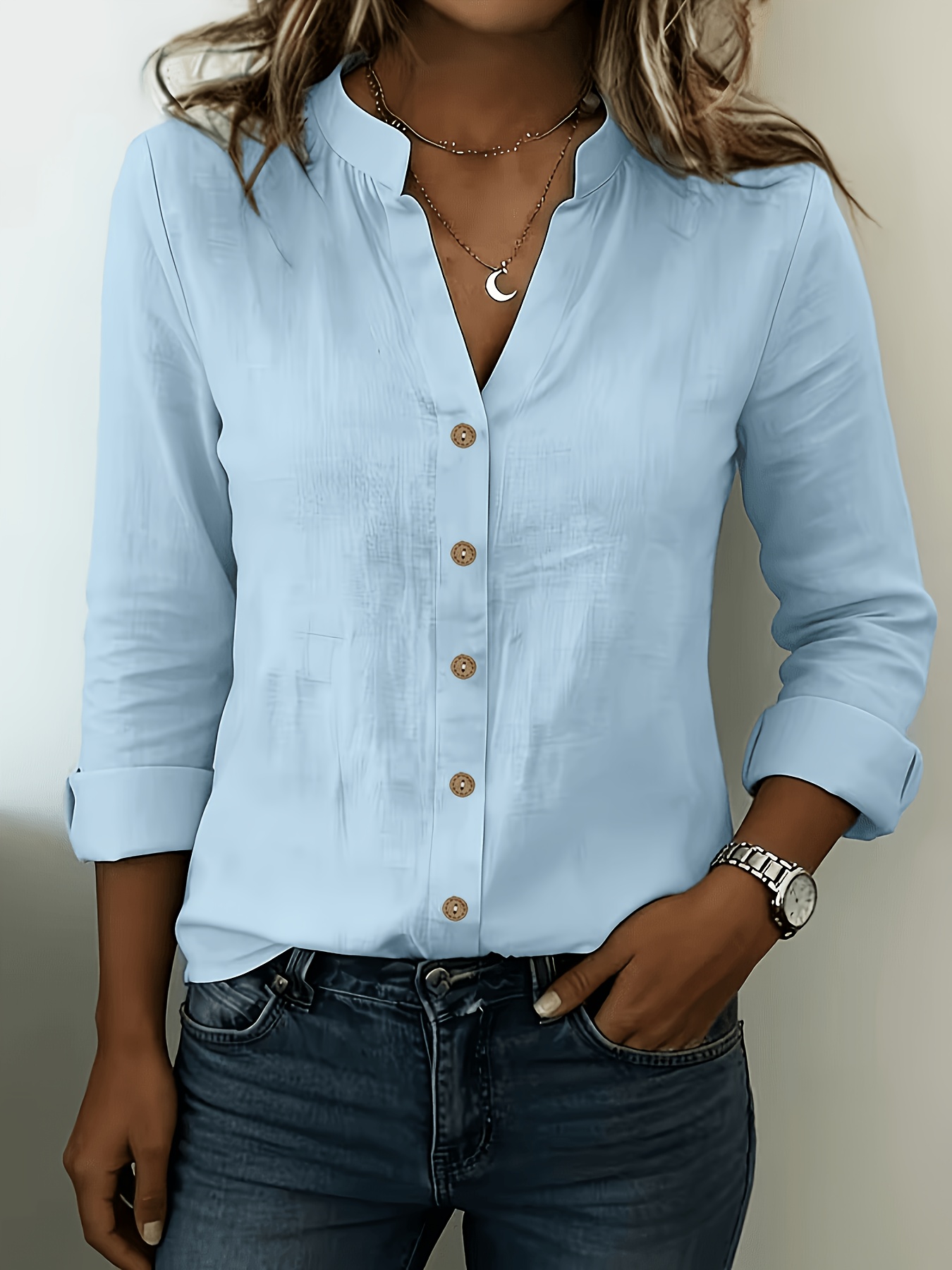 modisches damen-langarmshirt im v-ausschnitt im bambus- -stil