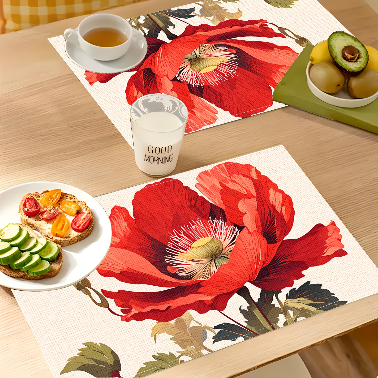 

4/6pcs Placemats, Poppy Pattern Placemat, Creative Linen Dirty Resistant Oil-proof Stain-proof Table Mat, For Home Dinning Room And Restaurant, Home Supplies