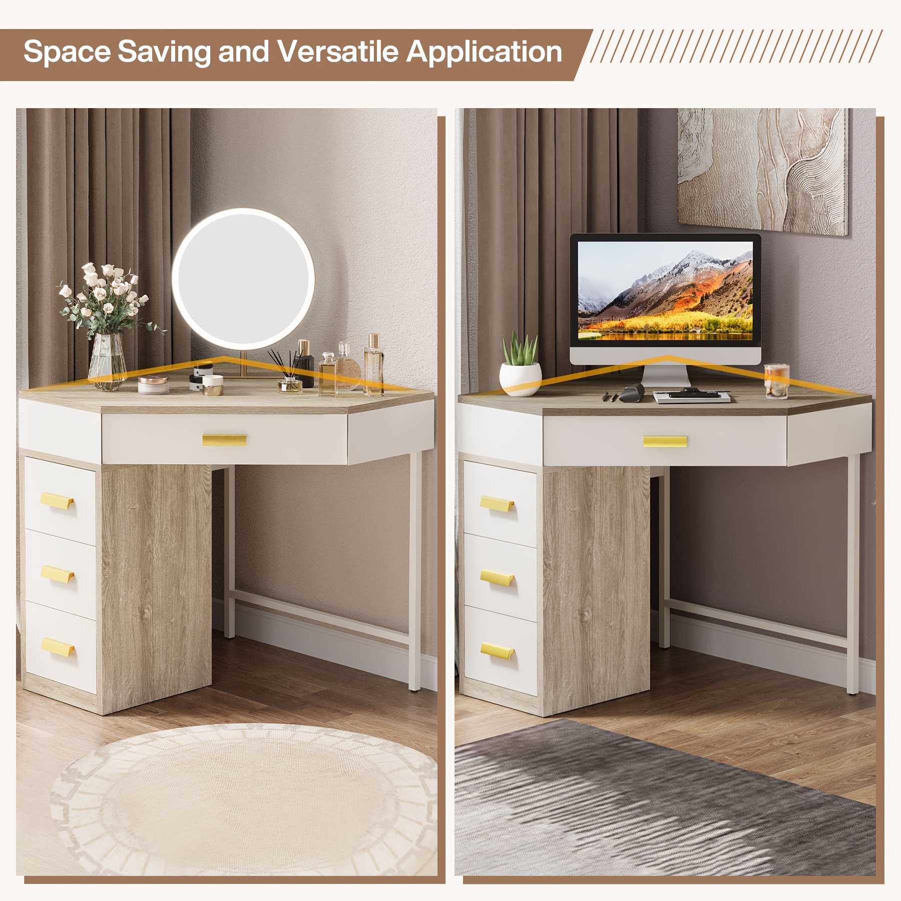 Triangle Corner Desk, Modern Computer Desk With 3 Drawers, 90-Degree Writing Desk PC Table Makeup Vanity Desk With Storage For Home Office, Living Room, Bedroom (White And Grey)