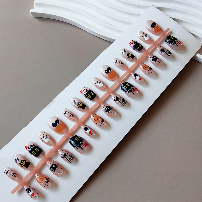 TEMU 30pcs Faux Ongles Portables Œil de Chat Citrouille Effet Œil de Chat pour Halloween, Dessin Peint à , Décalcomanie 3D Tridimensionnelle