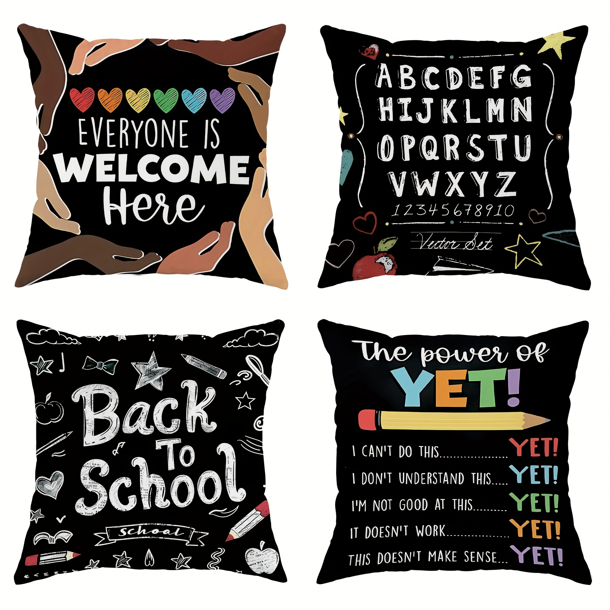 

4-piece Set Velvet Throw Pillow Covers - 18x18 Inch, Black With School & Classroom Designs, Zip Closure, Machine Washable - Perfect For Teacher Appreciation Gifts And Reading Nook Decor