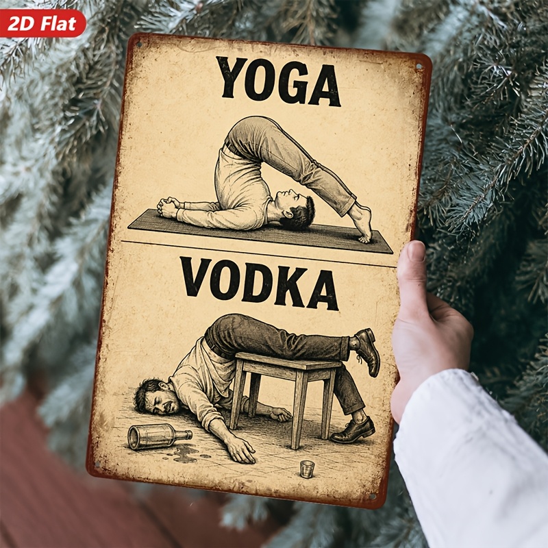 TEMU 2d Flat, 1pc Metal Sign Wall Art, Yoga And Vodka Themed Decorative Art Print, Vintage Style, Humorous Design, For Living Room, Home Decor, Safe