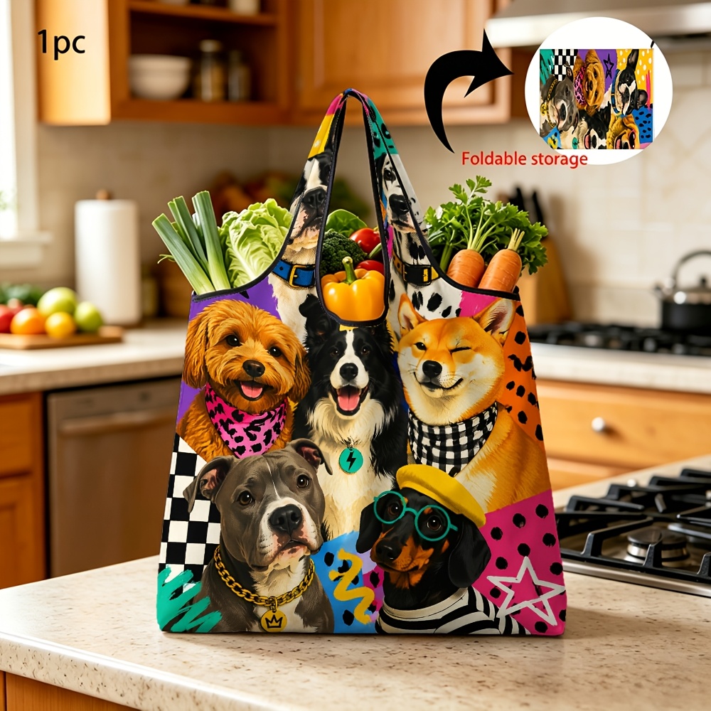 TEMU 1pc Reusable Portable Shopping Bag With Cute Colorful Cartoon Dog Print Foldable Convenient Daily Grocery Storage Tote Bag