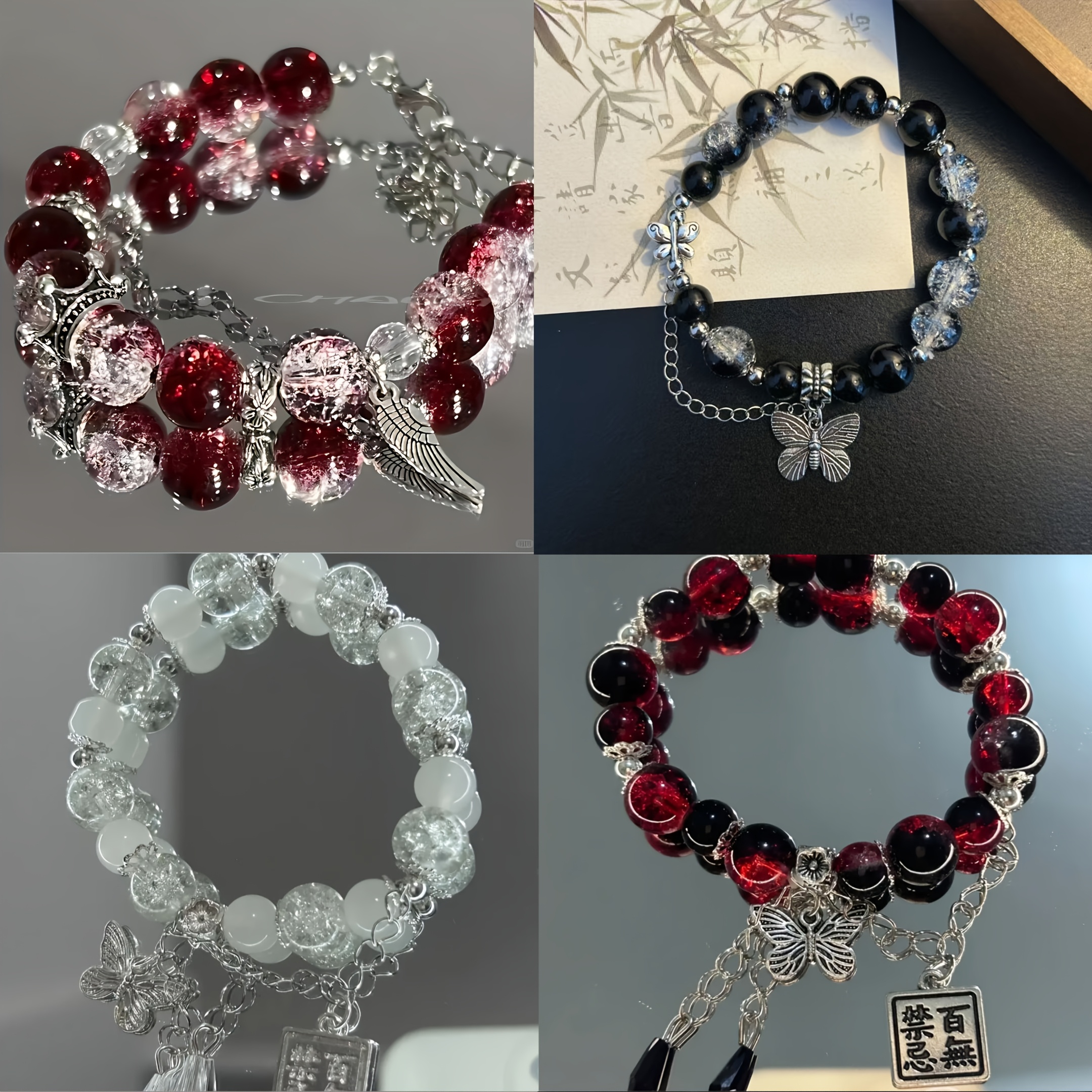 TEMU A Pack Of 4 Elegant Bead Bracelets In Red, Black, And White, With Feathers And Butterflies, Offering Deep And Stylish Everyday Wear And Party