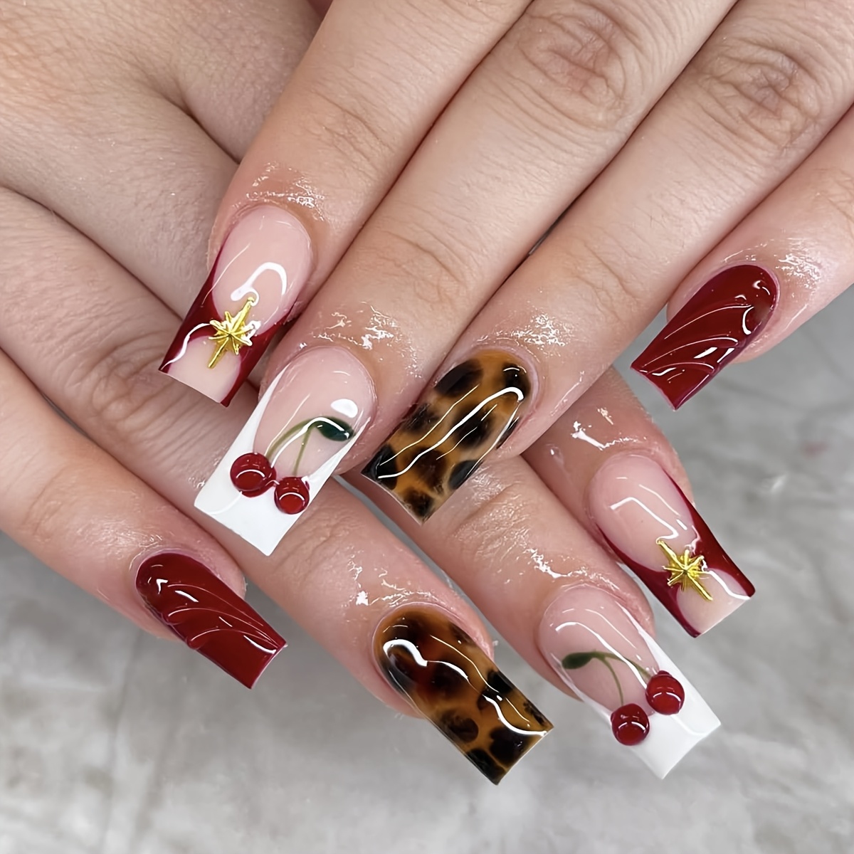 TEMU 1 Set 24pcs Square Shape Press-on False Nails Fashion Sweet Cool Leopard Print 3d Crystal Cherry Starry Suitable For All Women And Box Includes
