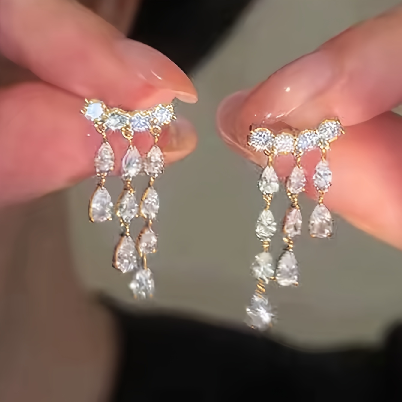 TEMU 1 Pair Of Light Luxury Elegant Rhinestone Glass Teardrop Tassel Drop Earrings, Suitable For Women' And Party Wear