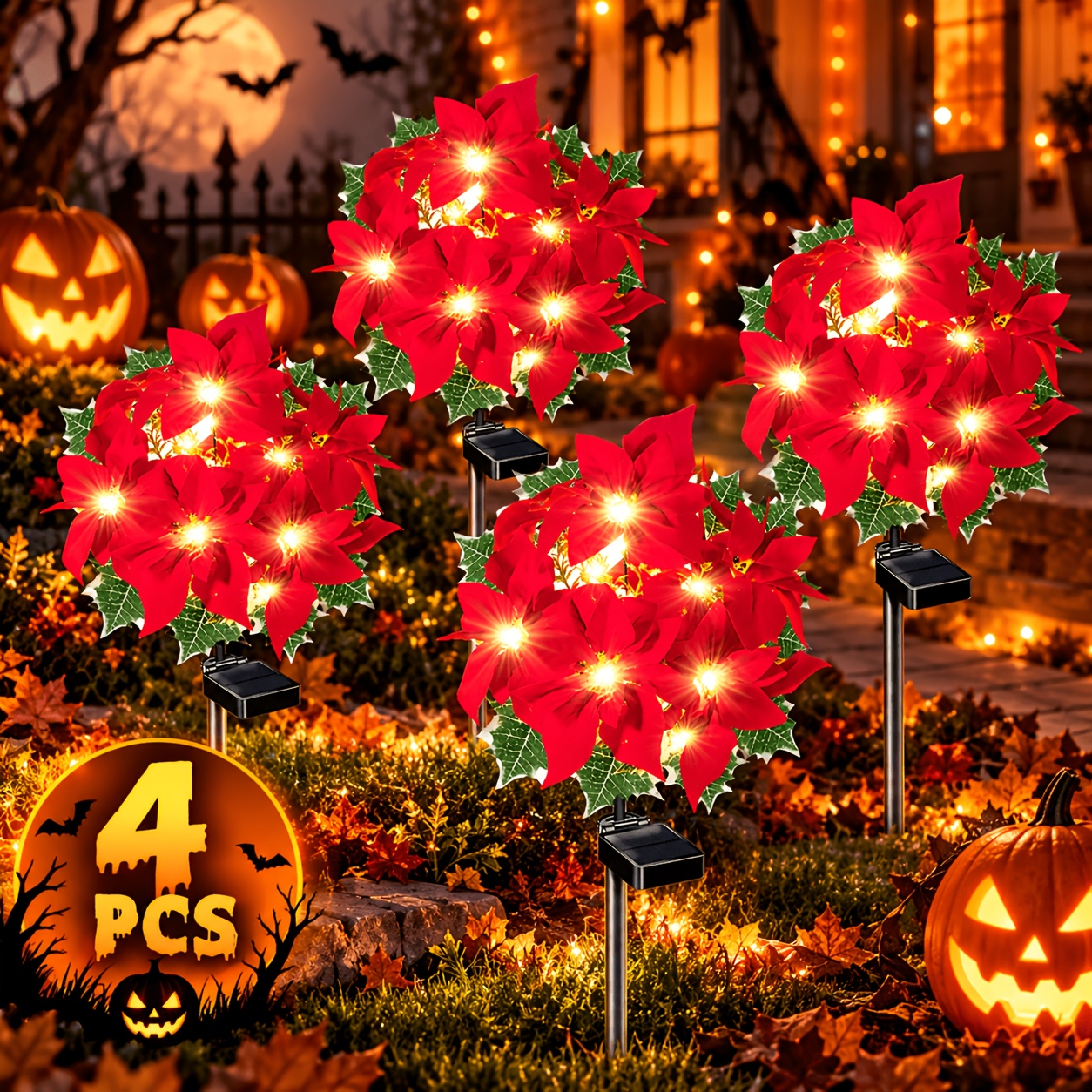 Image of 4-pack Solar Hibiscus Led Lights, Outdoor Holiday Patio Decorative Lights, Suitable For Labor Day And Day