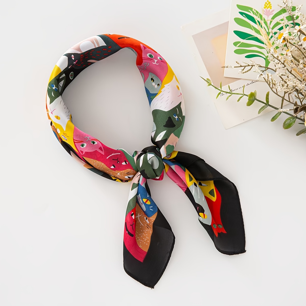 TEMU Cute Colorful Cat Pattern Square Scarf, Headscarf, Shawl For Women, Suitable For