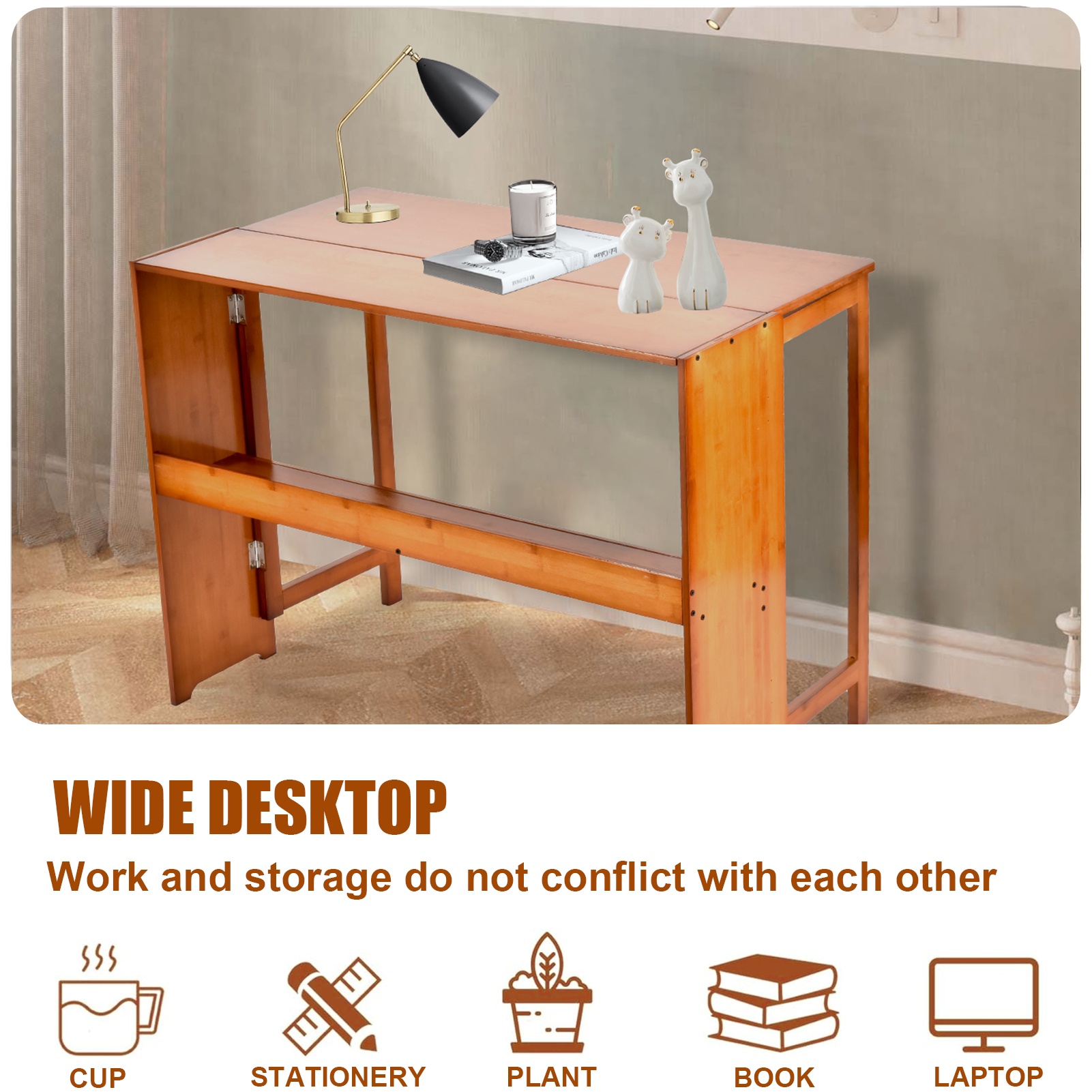 Multipurpose Folding Desk, 40.6 Inch Wide Wooden Table (Folds to 9.8in) - Space Saving Design with Storage for Home Office, Dining & Study