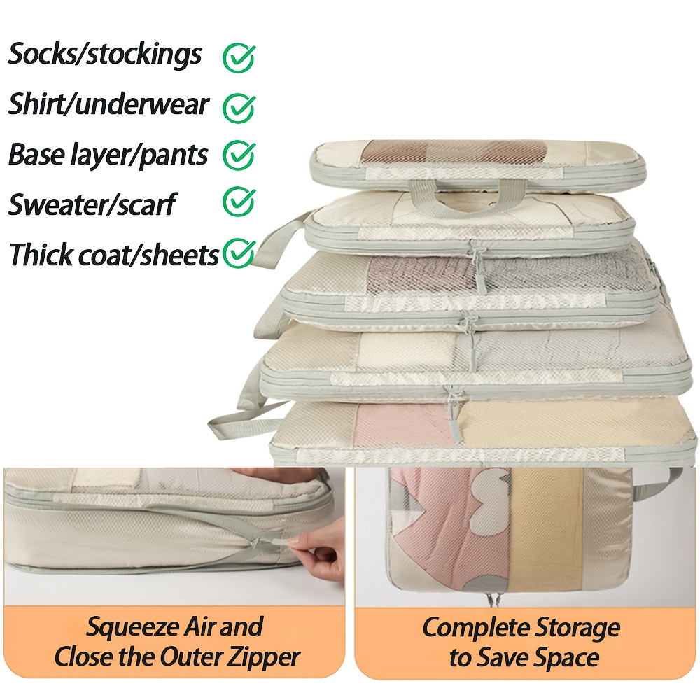 Set of 5 Lightweight Compression Packing Cubes for Travel, Durable Luggage Organizers in Beige and Black