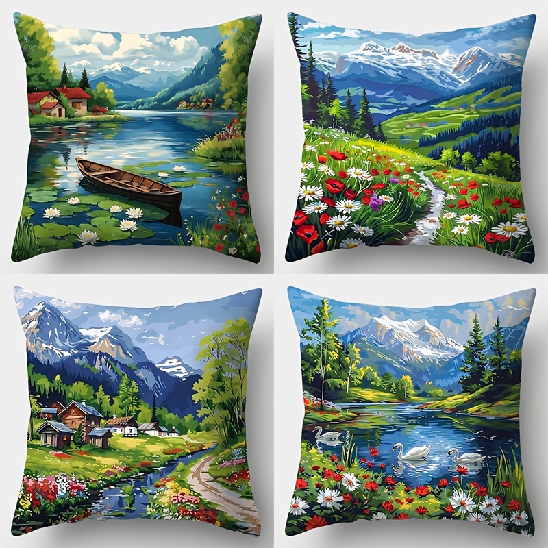 

4pcs Contemporary Polyester Sofa Pillowcase Set, Hand Wash Only, Zipper Closure, Woven Mountain & River Scenery Print, 17.7"x17.7" Single-sided, Living Room Decor Lumbar Cushion Covers