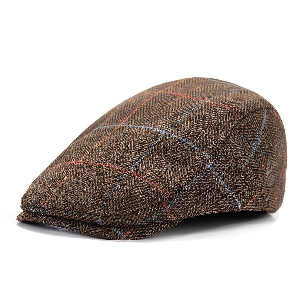 E-shop Karierte Mütze, britischer Retro-Stil für Herbst Winter, verstärkt für Wärme, Fischgrätmuster, künstlerische Zeitungsmütze, Baskenmütze