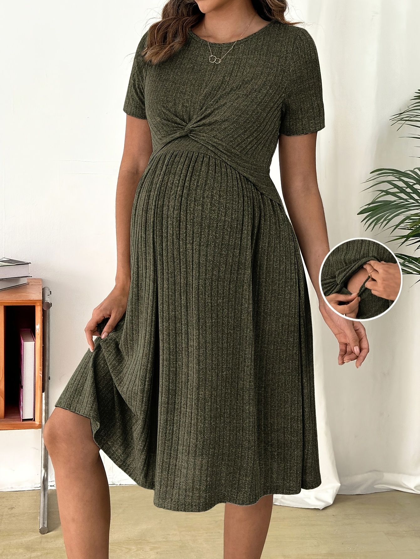 Casual Solid Color Twist Neck Nursing Dress, Summer