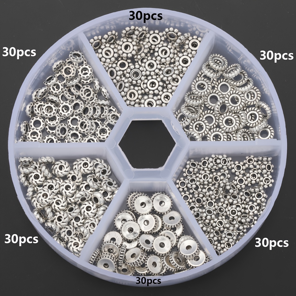 TEMU 180pcs/box Ancient Silvery Spacer Bead Parts Set Dot Spiral Pattern Shaped Spacer Beads Alloy Round Separators Bead Connectors Decorative Beads