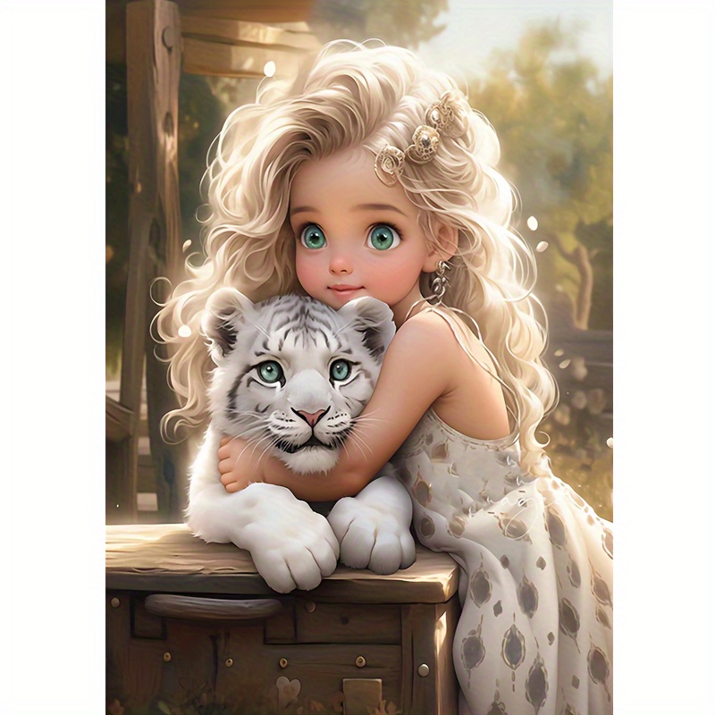 

Diy Diamond Painting Kit - Little Girl Hugging Tiger | 11.8x15.74in Frameless Acrylic Art Craft | Unique Wall Decor Gift For Home