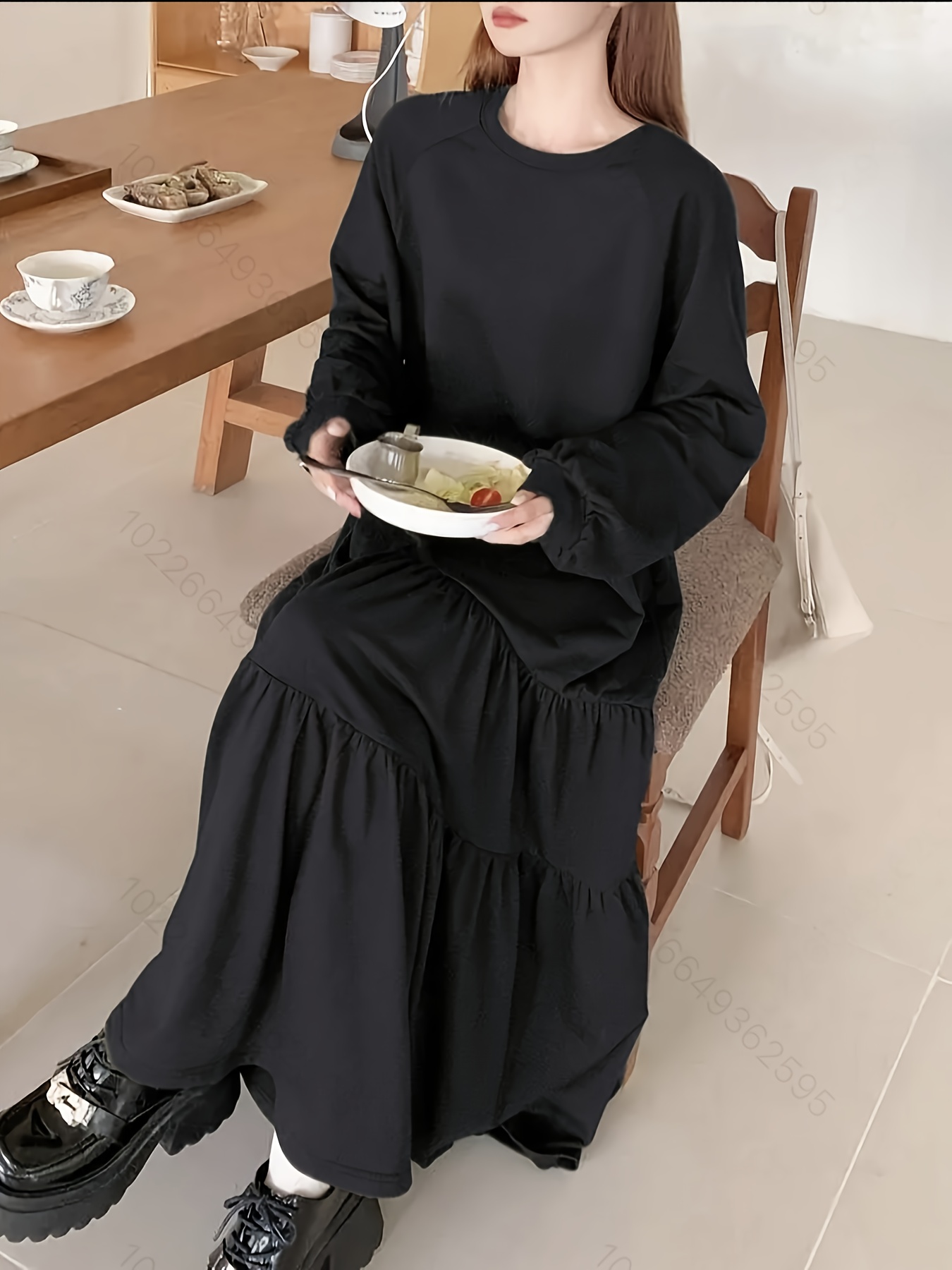 long sleeve maxi dress women pleated hem solid color girly - Temu Mauritius